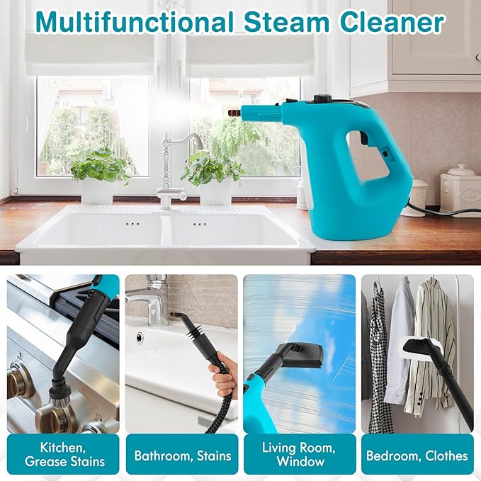 COSTWAY Handheld MultiPurpose Steam Cleaner with 17 Pieces, 350ml Large Capacity Steam Mop Continuous Fill water, Portable Chemical-Free Steamer for Home Use, Floors, Windows, 1400W, Blue