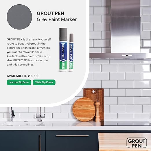 Grout Pen Grey Tile Paint Marker: Waterproof Grout Paint, Tile Grout Colorant and Sealer Pen - Narrow 5mm, 2 Pack with Extra Tips (7mL) - Grey
