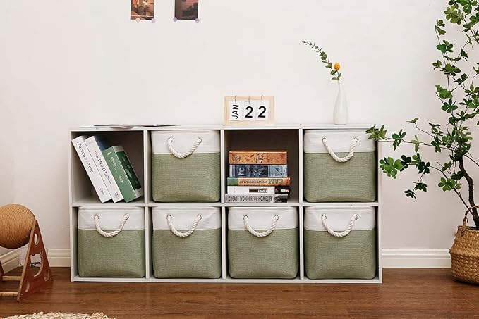 Cube Storage Bins, Collapsible Fabric Storage Cubes Bins, 11 Inch Cube Storage Bins with Handles, Foldable Storage Cubes (White/Green, 6Pack)