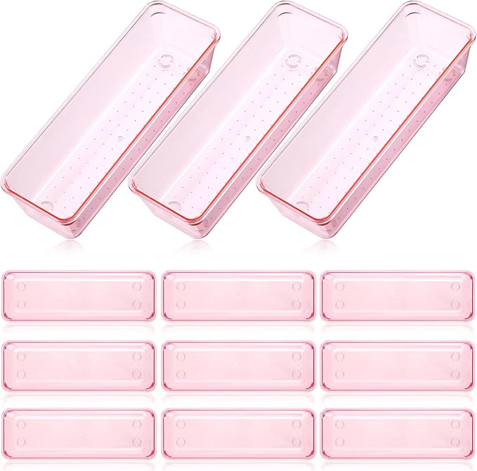 Maitys 12 Pcs Vanity Drawer Organizer 9 x 3 x 2 Inches Clear Plastic Utensil Organizers Kitchen Drawers Dividers for Office Desk Silverware Kitchen Utensils Cosmetics and Bathrooms(Pink)
