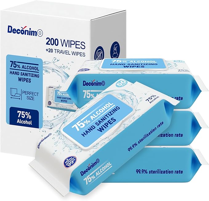 Advanced Large 75% Alcohol Hand Sanitizing Wipes, 4 Packs of 50 (200 Wipes) - Plus 20 Travel Packs - (Each Wipe Size 6" x 8")