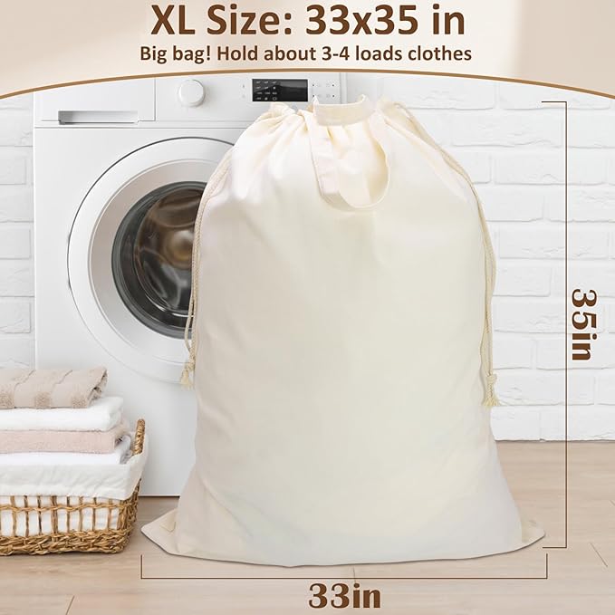 Canvas Laundry Bag 33"x 35", Thick Cotton Laundry Bag with Handles & Drawstring, Extra Large Heavy Duty Washable Basket Liner Hamper Liner Canvas Storage Sack (Beige XL, 1 Pack)