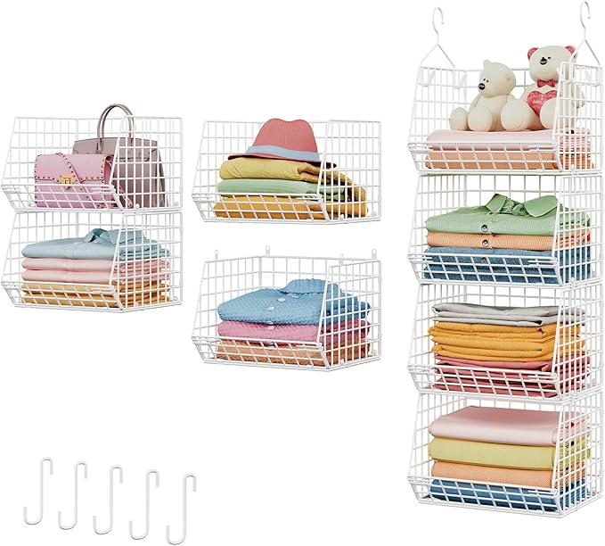 X-cosrack 4 Tier Closet Hanging Organizer, Foldable Closet Shelving with 2 Hanging Hooks 5 S Hooks, Wire Storage Basket for Wardrobe Laundry Room, for Clothing Sweaters Shoes Handbags Patent-White