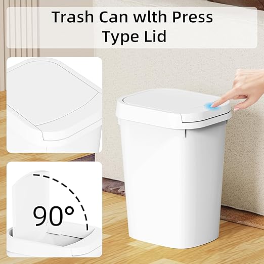3 Pack Bathroom Small Trash Can with Lid, 2.6 Gallon Slim Garbage Bin with Pop-Up Lid, 10L Plastic Wastebasket for Bedroom, Office, Kitchen, Toilet (White)