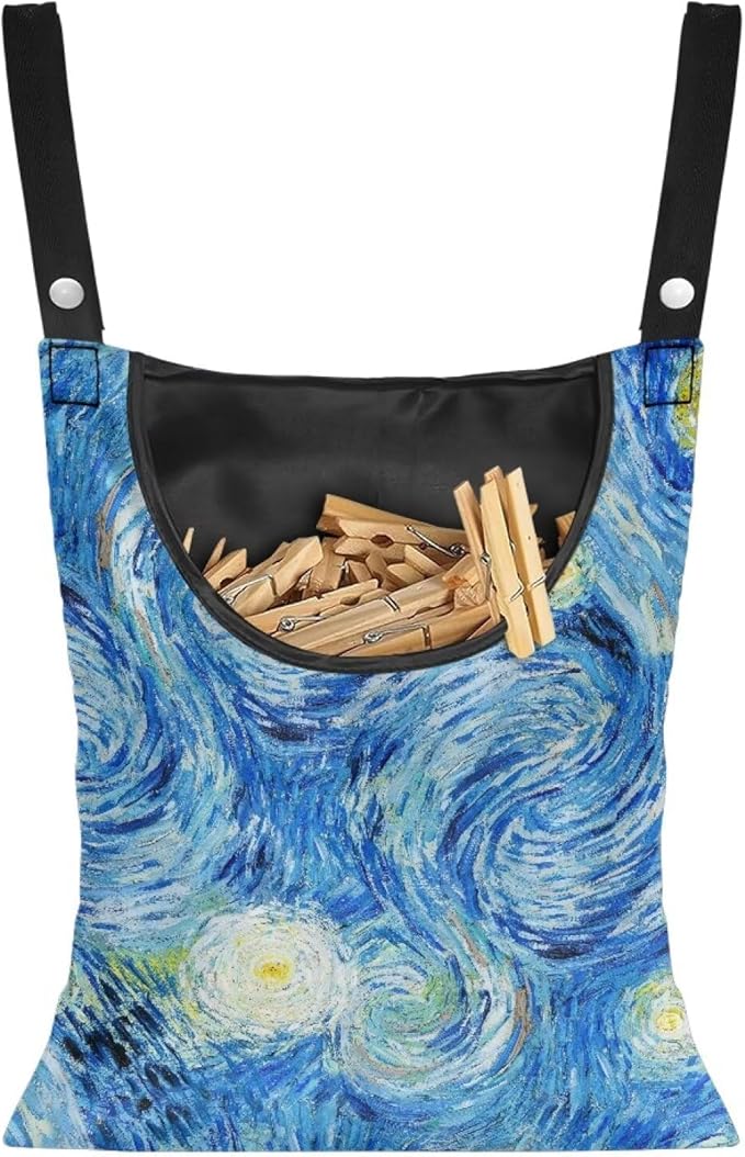 Clothes Pin Bag Clothespin Storage 14.5x12in - Creative Starry Night Print Oversized Windproof Bag with Reinforced Stitching - Heavy Duty Hanging Organizer for Frequent Laundry Use