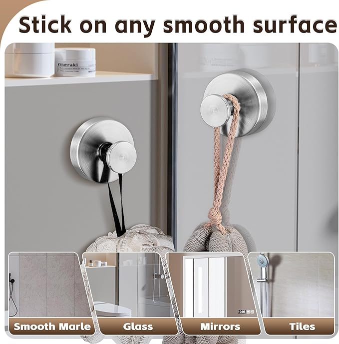 Reusable Heavy Duty Suction Cup Hooks for Kitchen/Bathroom/Shower - Wet-Proof Hooks for Towels, Robes, Loofah&Wreaths/No Drill Mounting on Glass, Tile, Metal (4, Brushed Nickel)