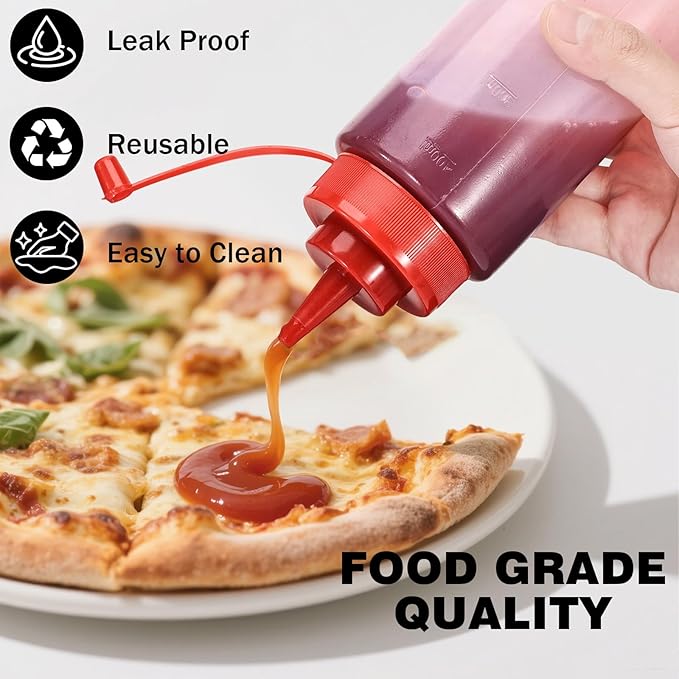 Condiment Squeeze Bottles Ketchup Dispenser, 2 Pack 16oz Squeeze Bottles for Liquids, Plastic Sauce Bottle with Cap Lid, Squirt Bottles for Sauces Liquids BBQ Dressing Pancake Art