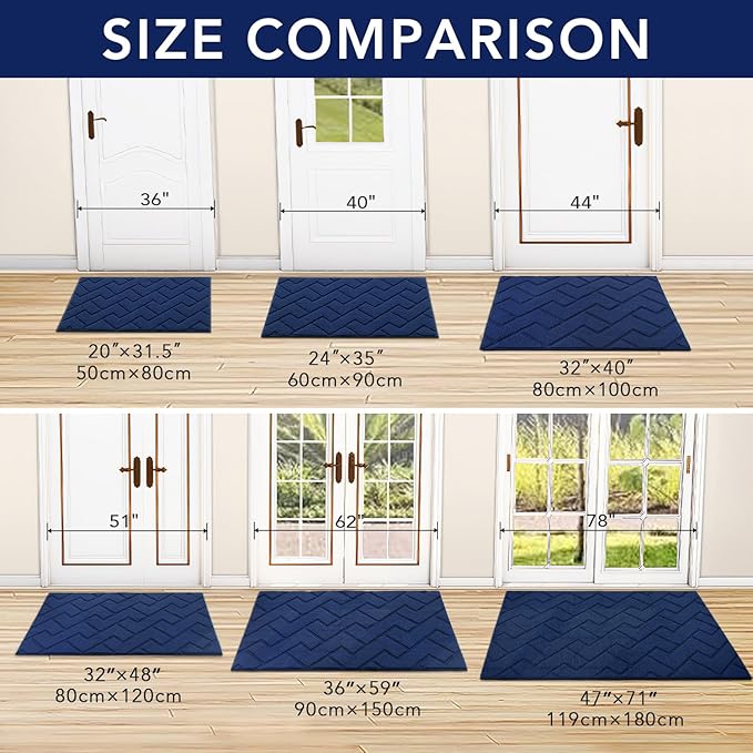 hicorfe Front Door Mat Outside Entrance,36"x59" Absorbent Muddy Dirt Resist Welcome Door Mats Outdoor Indoor,Stain and Fade Resistant,Non Slip Backing Entry Mat Doormat for Entryway(Navy Blue)