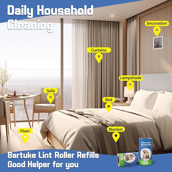 Extra Sticky Lint Roller Refills 6 Pack (720 Sheets) fit 3.8"-4" Standard Size Lint Roller Sticker with Inner Diameter at 1.5" for Pet Hair, Clothes, Furniture, Cars, No Handle Included