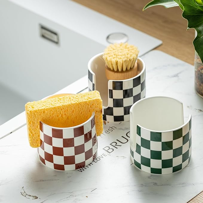 Checkered Kitchen Sink Sponge Holder, Dish Sponge Rack Ceramic Brush Holder Farmhouse Kitchen Dish Rack for Brush, Scrubbers, Bathroom, Sink, Black and White