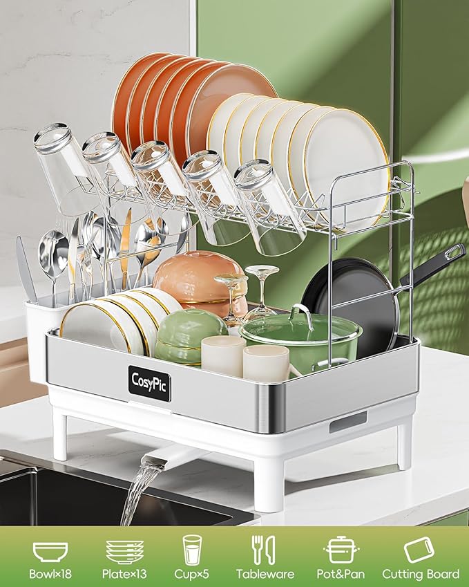 2 Tier Dish Drying Rack, Thicker Premium 304 Stainless Steel Dish Racks for Kitchen Counter, Automatic Drainage Spout, Dish Drainer & Drainboard Set with Utensil Holder and Cup Holder, White
