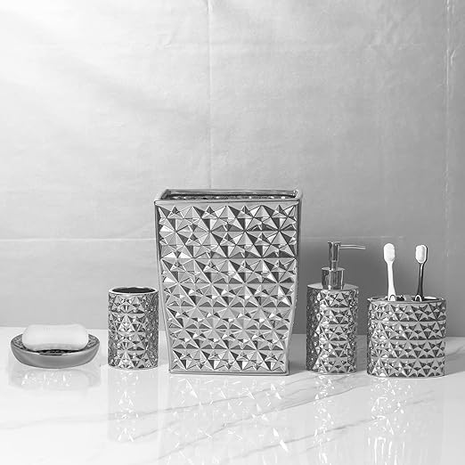 Ceramic Rectangular Small Trash Can - Wastebasket, Garbage Container Bin for Bathroom, Bedroom, Kitchen, Home Office, and Kids Room, Holds Waste, Recycling - Silver