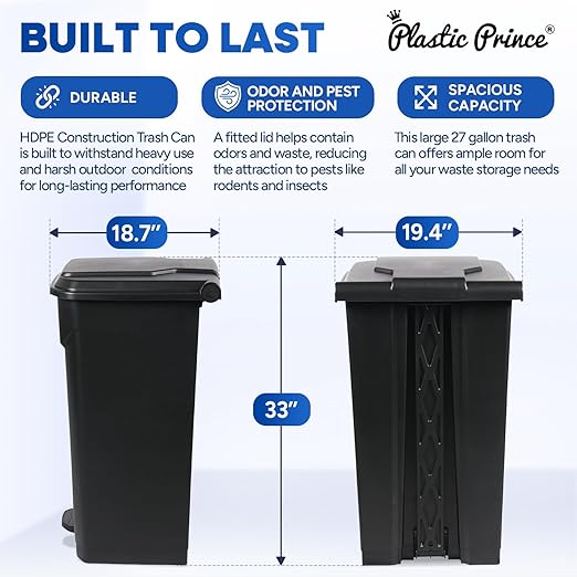27 Gallon Step-On Trash Can/Container, Black Plastic Dustbin with Lid and Foot Pedal, Hands-Free Disposal