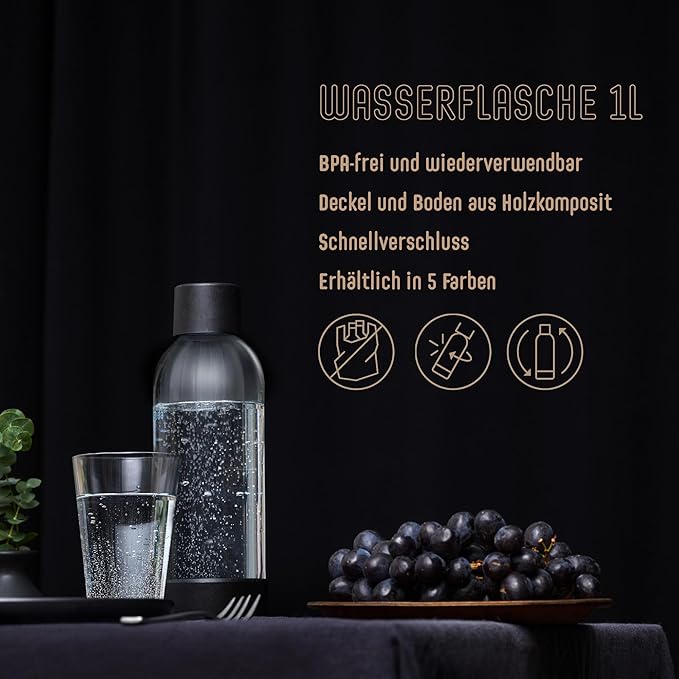 Mysoda Carbonating Bottles 2Pck 1L - Compatible with MySoda and any brands - Lid and Base Made of Wood Composite - Quick-Lock Reusable Bottles - BPA Free - Black