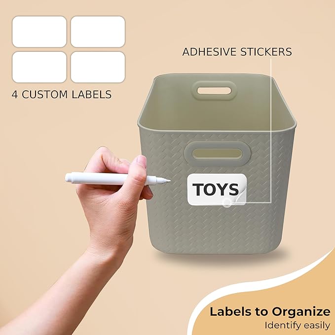 Storage Bins with Bamboo Lid – Stackable, Multi-Purpose Organizers for Pantry, Closet, Kitchen, and Home – Elegant Wicker-Style Design with Ergonomic Handles (Cream)