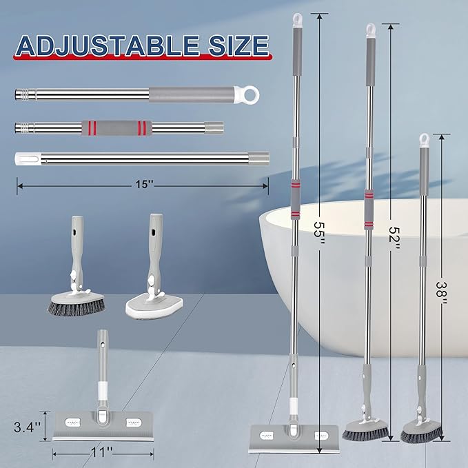 Tile Tub Floor Cleaner Scrubber With Long Handle - 5-in-1 Shower Brush Set for Bathroom, Kitchen, Walls, Sink - Includes Window Scraper and 3 Detachable No Scratch Heads