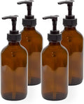 Cornucopia 8oz Glass Pump Bottles (4-Pack, Amber Brown), Lotion Soap Dispensers w/Black Plastic Pumps
