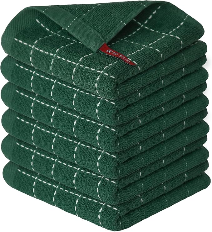 Artoid Mode Checkered Designed Cotton Green Terry Kitchen Dish Cloths, 12x12 Inch Soft Absorbent Quick Drying Cleaning Kitchen Rags Set of 6