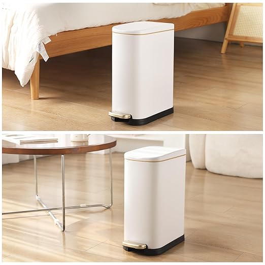 Bathroom Trash Can with Soft-Close Lid 3.5 Gallon Stainless Steel Garbage Can with Removable Inner Bucket Slim Trash Bins for Bedroom, Office(Matte White)