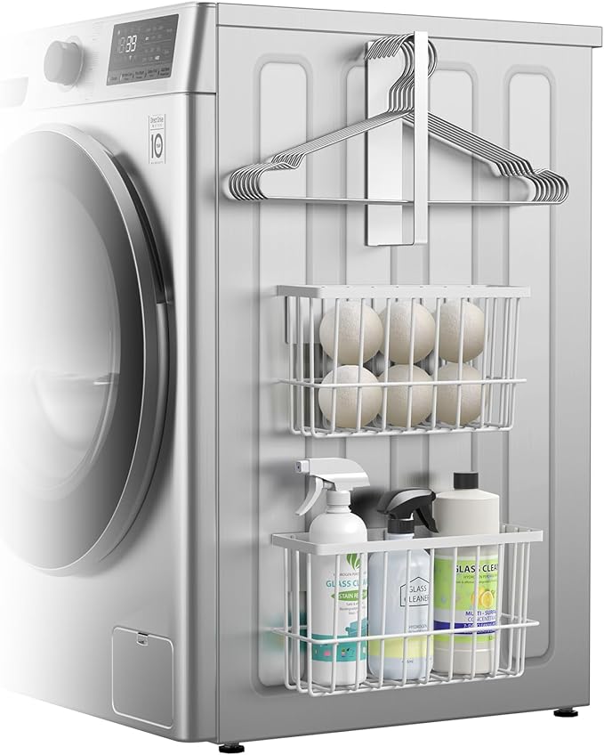 Magnetic Dryer Ball Holder and Magnetic Hanger Holder for Laundry Room Organization and Storage, Magnetic Lint Bin for Laundry Room, Iron Basket Dryer Ball Container for Laundry Room Storage (White)