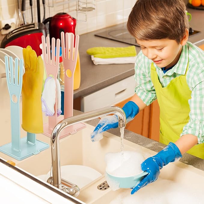 Nuenen 2 Pieces Kitchen Glove Holder Glove Drying Rack Dryer Plastic Mitten Rubber Rack Sink Stand Towel Hanger Reusable Towel Storage Holders for Sponge Food Bag Organizer, Pink and Blue