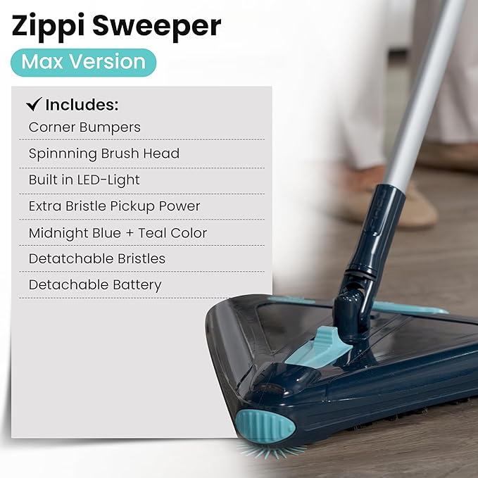 Zippi Sweeper Max - 2025 Version Lightweight Sweeper, Triangular Design Allows for Sweeping in Corners, Perfect for Short Carpet Hardwood and Tile, LED Light, 1 Hr Cleaning Time