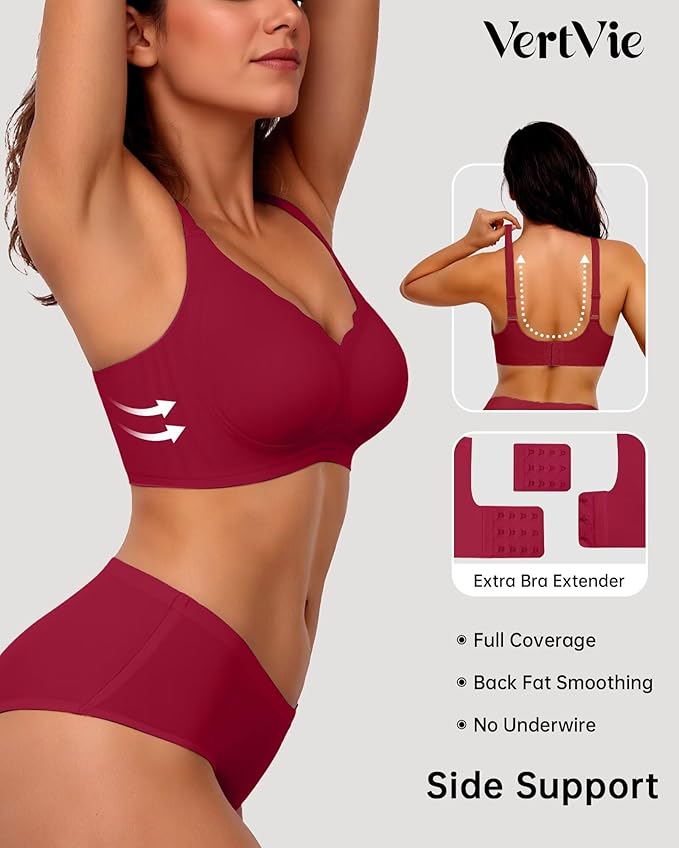 Vertvie Womens Seamless Bras No Underwire Supportive Wireless Push Up Full Coverage Bralette Comfort Scalloped T-Shirt Bra