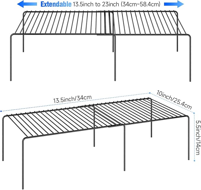 Expandable Storage Shelf, Pantry Organizers and Storage, Adjustable Rustproof Metal Wire Spice Rack, Space Saver Kitchen Storage Shelves for Pan, Pot, Countertop, Drawer, Fridge, Set of 6, Black