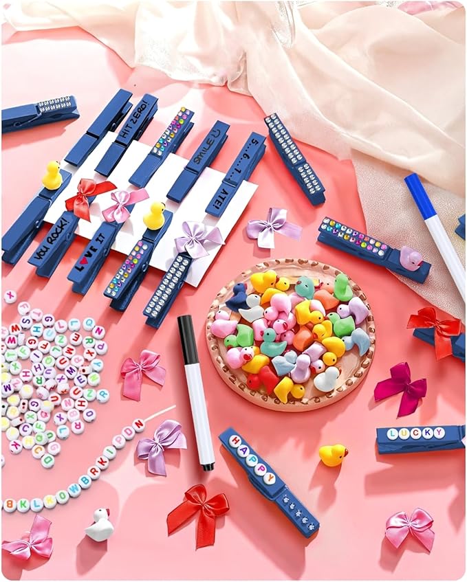 Cheer Pins for Backpack Cheer Stuff Kit 70 Blue Colored Clothes Pins with Mini Resin Ducks Bows Letter Beads Team Cheerleaders Gifts Bulk Pin Me Ribbon for Bag Decorations Competition Spirit Clips