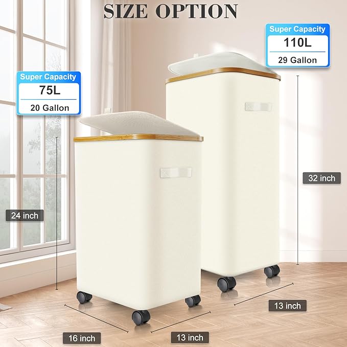 Laundry Hamper with Wheels,29 Gal (110L) Laundry Basket with lid Rolling Clothes Hamper Foldable Dirty Clothes Basket on wheels with Bamboo Frame and Bag for Bedroom, Dorm, Laundry Room-White
