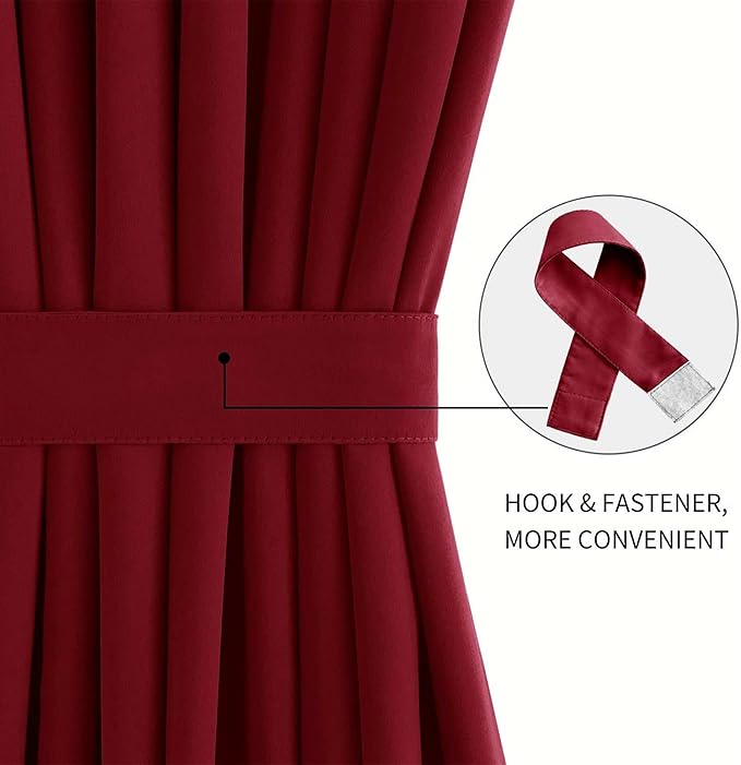 DWCN French Door Curtains – Rod Pocket Thermal Blackout Curtain for Doors with Glass Window, Kitchen and Patio Doors for Privacy, 54 X 80 Inches Long, 1 Curtain Panel with Tieback, Burgundy
