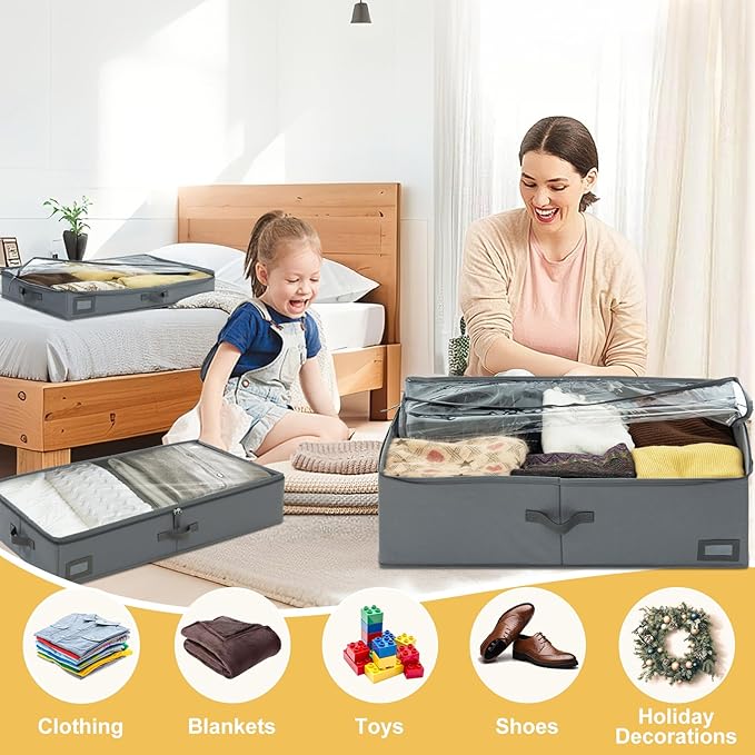 10-Inch Under Bed Storage Containers (2-Pack) | Sturdy Sidewalls | Clear Cover & Label Holder | Foldable Closet Organizer | Stores Clothing/Blankets/Sweaters/Sheets