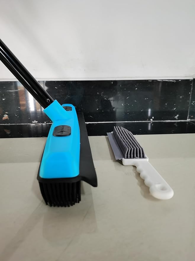 JEHONN Rubber Broom Carpet Rake Brush for Pet Hair with Squeegee, 52.8 inches Long Handle Silicone Fur Scraper Removal Tool with Detailing Lint Comb for Rug, Tile, Hardwood Floor Cleaning (Blue)