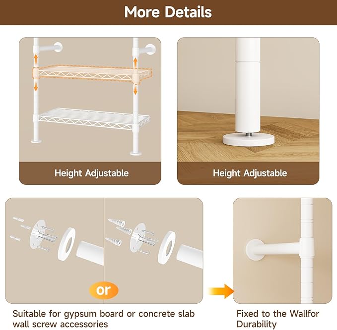 ONBRILL L4 Wall Mounted Industrial Pipe Clothing Rack, Closet Organizer System with 6 Hanging Clothes Rods ( 4 Expandable Rods) & 8 Shelves, Heavy Duty Corner Garment Rack, Large Wardrobe - White