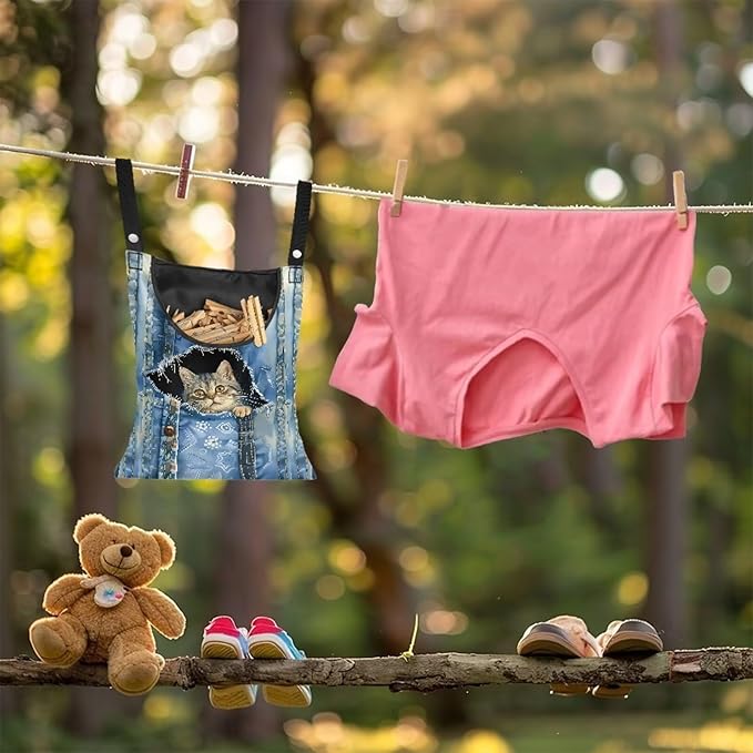 2 Pcs Clothespin Bag, Cat Pin Bag with Hanging Rope for Home Outdoor，Laundry Hanging Bag Fits Clothes Lines for Hanging Clothes Outside Balcony Bathroom Corridor Yard