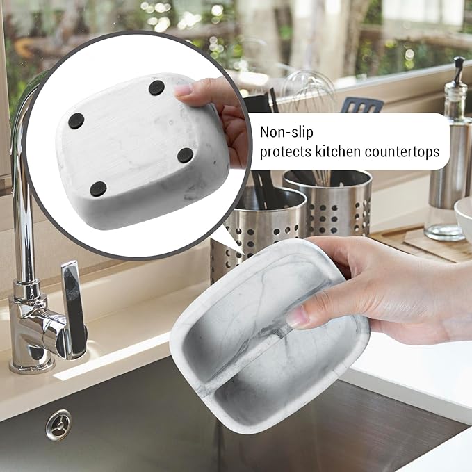 MyGift Modern White Resin Sponge Holder for Kitchen Sink, Countertop Dish Sponge Holder with 2 Compartments and Marble Pattern