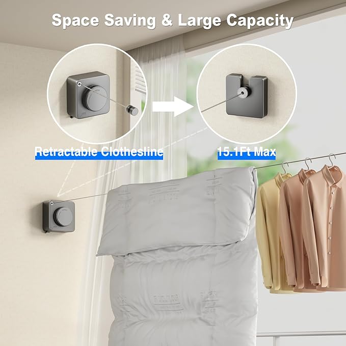 Retractable Clothesline Indoor, Non-Sagging Outdoor Clothes Line Retracting Heavy Duty Clothes Drying Laundry Line Wall Mounted Stainless Steel Line-15.1 Feets(Square-Gray)