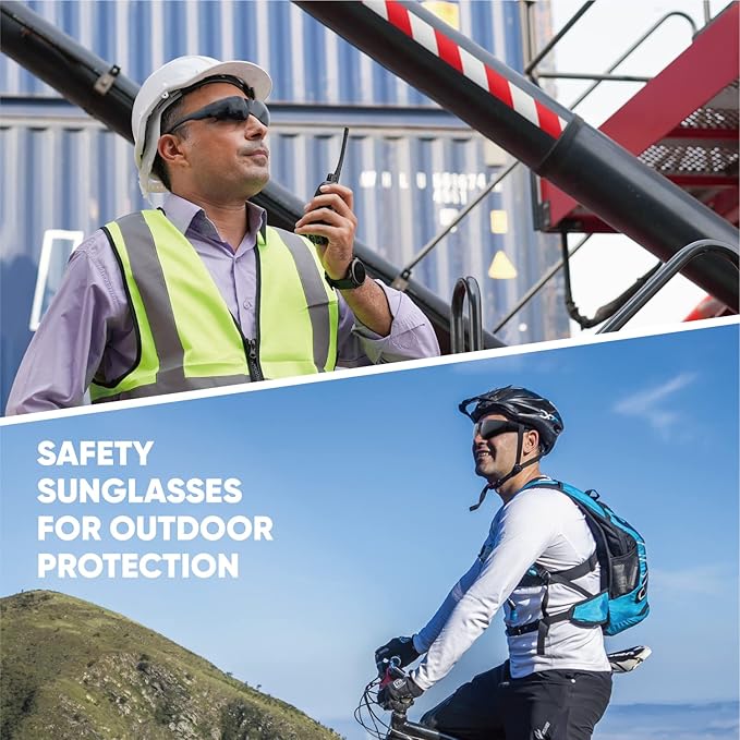 amoolo Tinted Safety Glasses Bulk of 24, Protective Safety Sunglasses, Dark Smoke Lenses for UV Protection, ANSI Z87.1 Impact Resistant Eye Protection for Work, Lab, Construction