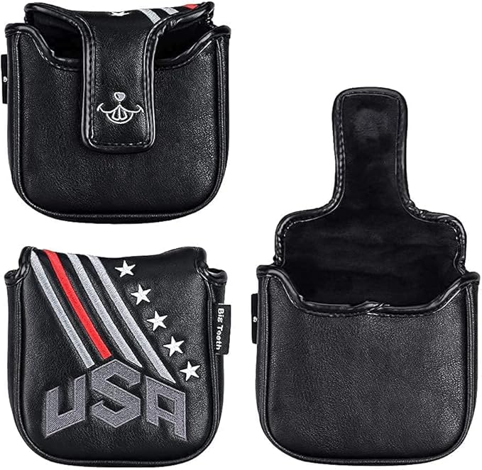 Big Teeth Golf Cover USA Stripe and Star Headcover Covers, Driver Fairway Wood Hybrid Headcovers Fits Blade Mallet Putter Iron and Woods with Magnetic Club Protector Pu Leather Golf Accessories