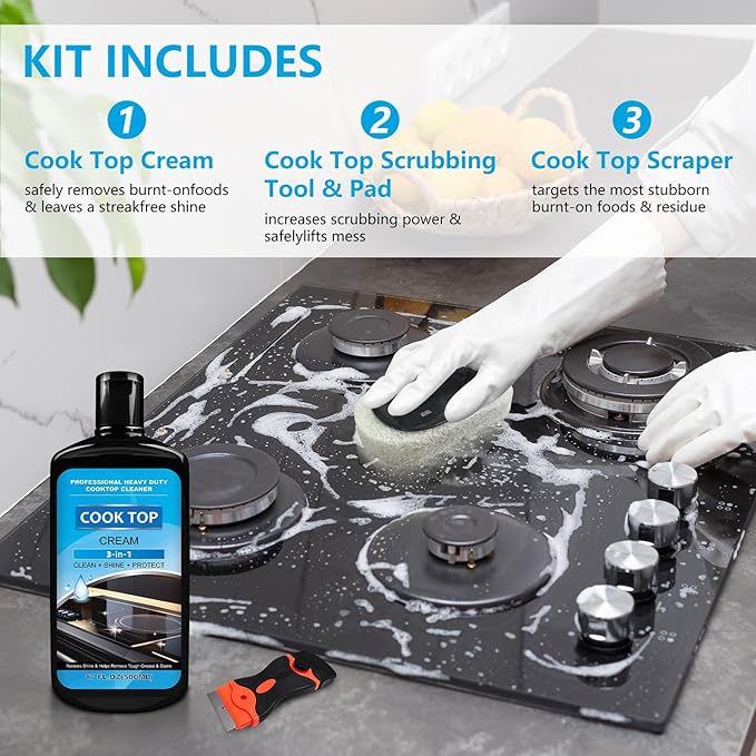 Cooktop and Stove Top Cleaner Kit, Glass Cooktop Cleaner Combo Kit with Razor, Scraper, Scrubbing Pad Removes Tough Stains, Stovetop Cleaner for Glass and Ceramic Surfaces，34OZ
