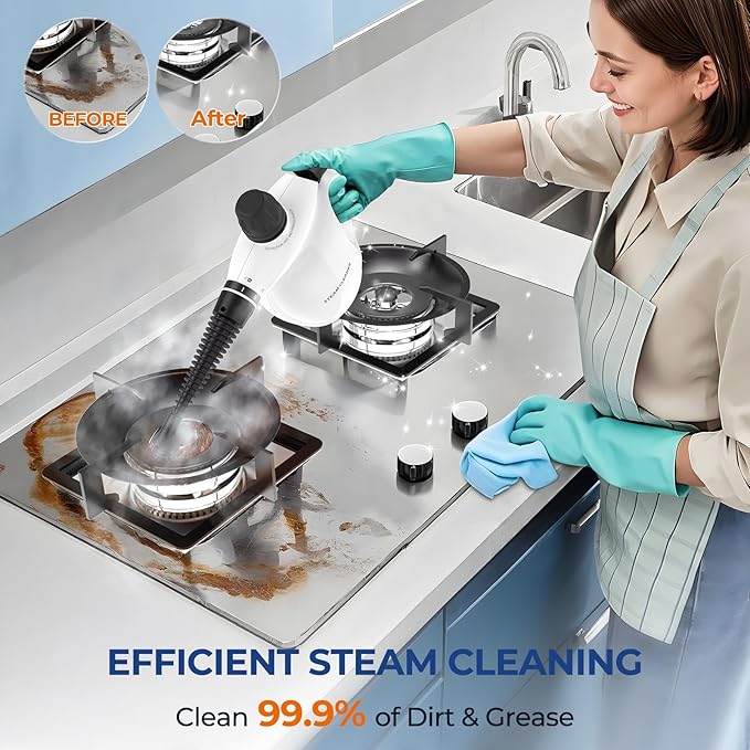 LABIGO Steam Cleaner, Pressurized Handheld 13pcs Multi-Purpose Natural Deep Cleaning Steamer, Portable Steamer for Cleaning Home, Grout, Kitchen, Car, Window, Upholstery, Bathroom and Clothes, White