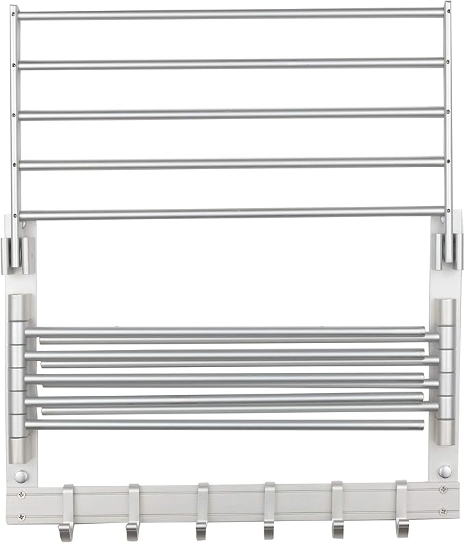 brightmaison BGT Wash Clothes Drying Rack Wall Mount Laundry Room Organizer with Hooks & Swing Arms, 17" Metal Laundry Rack Silver