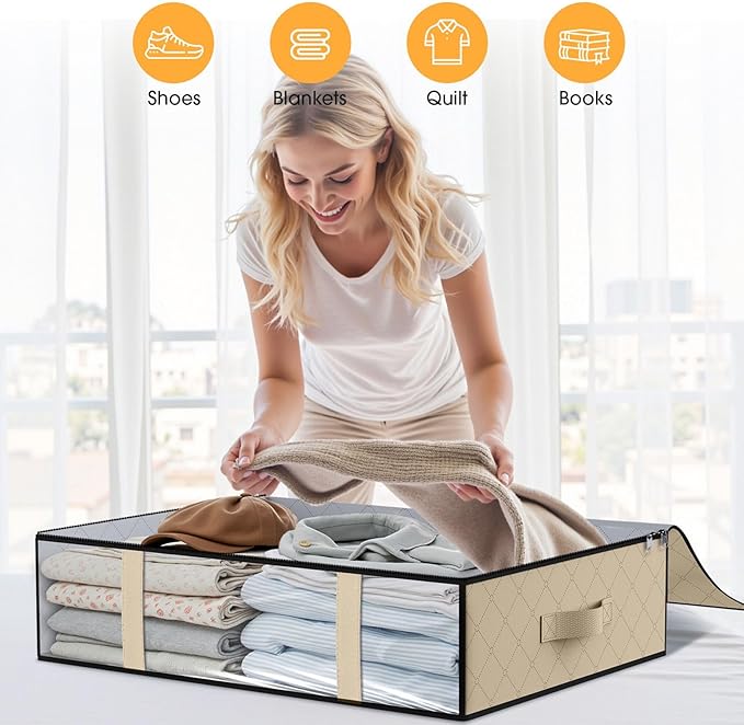 StorageRight Under Bed Storage Bins, 3-Pack 40L Foldable Fabric Storage Bags with Transparent Window, Breathable Organizer for Clothes/Blanket/Comforter/Quilts,Beige