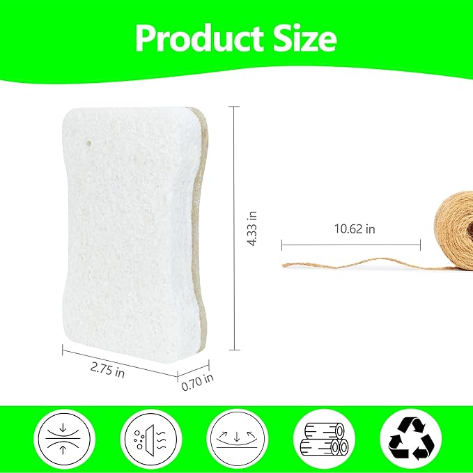Organic Compostable Biodegradable Cellulose Sponges for Cleaning Kitchen Dishes/Sink/Pot/Potato, 10 Pack