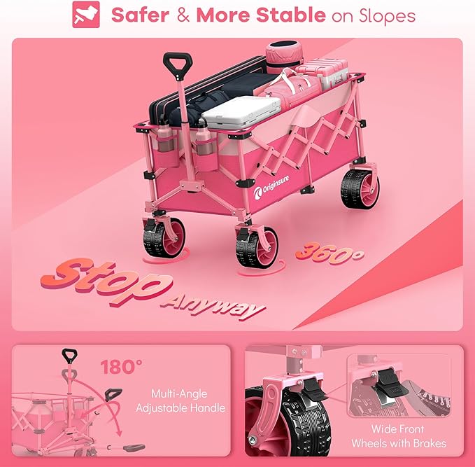 220L Collapsible Wagon Cart Foldable, 460lbs Load Capacity Heavy Duty Folding Beach Wagons with Big All-Terrain Wheels, Utility Carts for Groceries, Camping, Sports - Pink