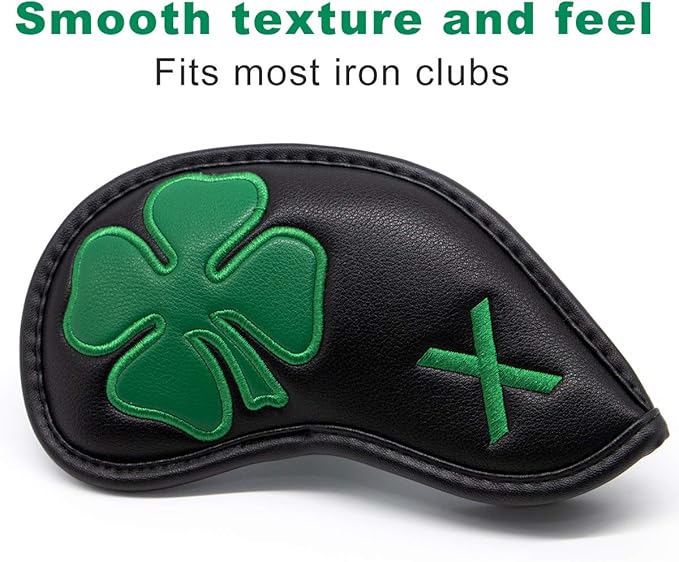 Golf Iron Covers Golf Iron Head Covers Leather Golf Iron Covers for Golf Clubs 10pcs Golf Iron Headcovers Lucky Clover Golf Club Head Covers for Iron with Magic Tape Fit All Brands