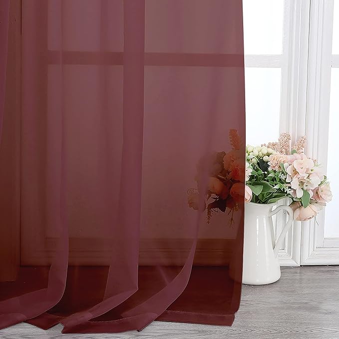 Chyhomenyc Burgundy Sheer Curtains 84 Inches Long 2 Panels Set, Light Filtering Voile Window Drapes for Bedroom Living Room, 42Wx84L Inch, Burgundy, 2PCS