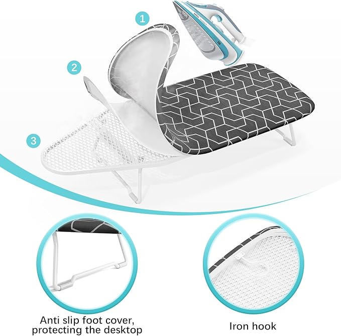 Small ironing board tabletop with heat resistant cover, Compact mini ironing board with metal mesh frame, For dorms, aprtment and travel, Hook for hanging, Iron board 30x12, Iron table stand dark gray