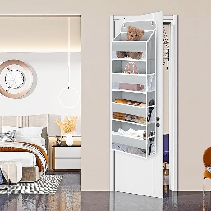 QINGUANG Over The Door Organizer,Hanging Organization And Storage, Behind Door Organizer with Side Pockets, 35 lbs Capacity,Anti Tilt, for Nursery, Bathroom, Bedroom,Dorm (4-Shelf)
