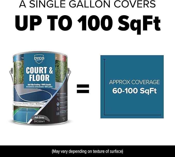 DYCO Court & Floor Anti-Slip Coating - Slip-Resistant Pavement, Cement & Concrete Paint for Pickleball, Tennis & Basketball Courts, Exceeds ADA Standards for Safety Areas (Ash Gray, 1 Gallon)